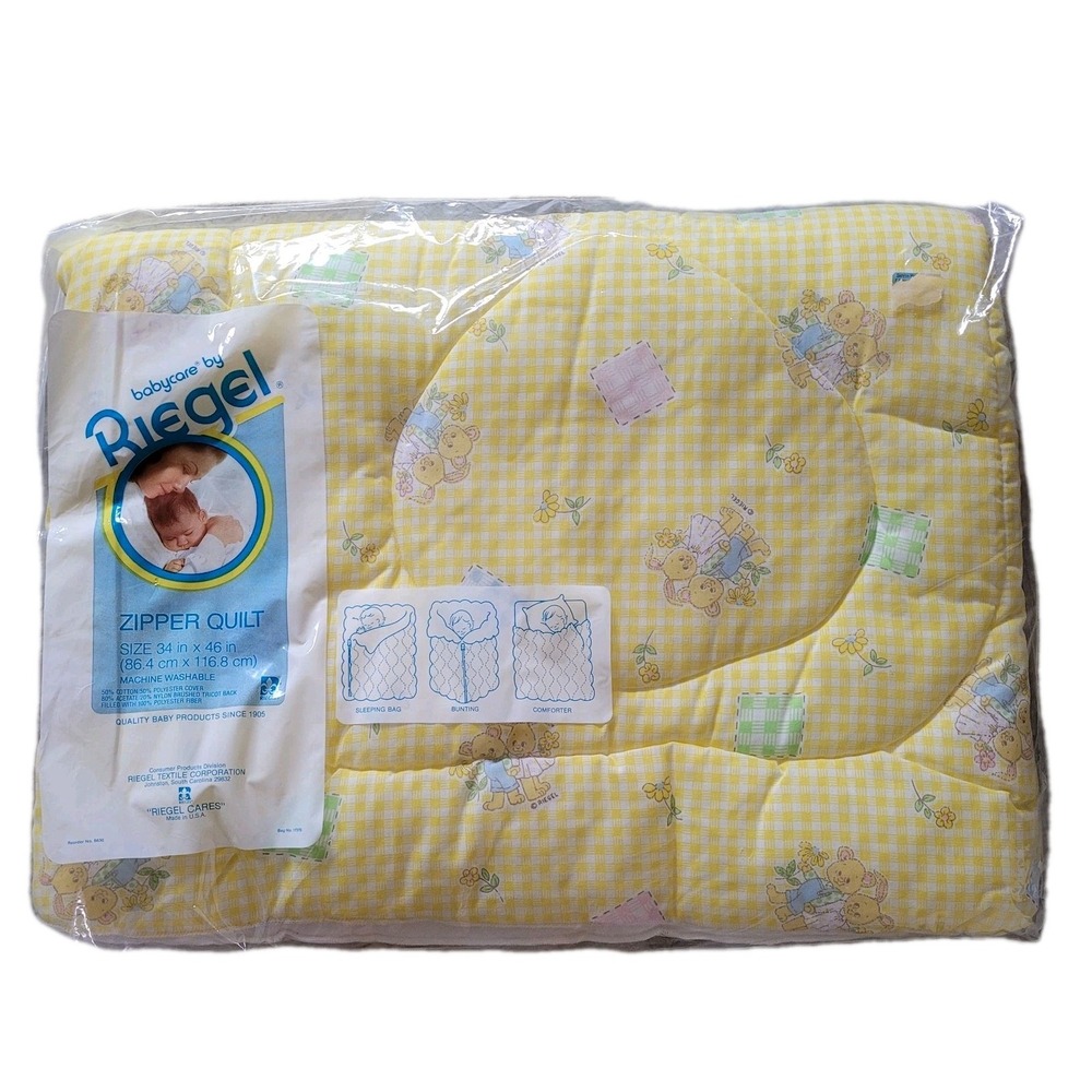 VNTG Riegel Babycare Zipper Quilt - Yellow Gingham Bear Print - New‎ Old Stock